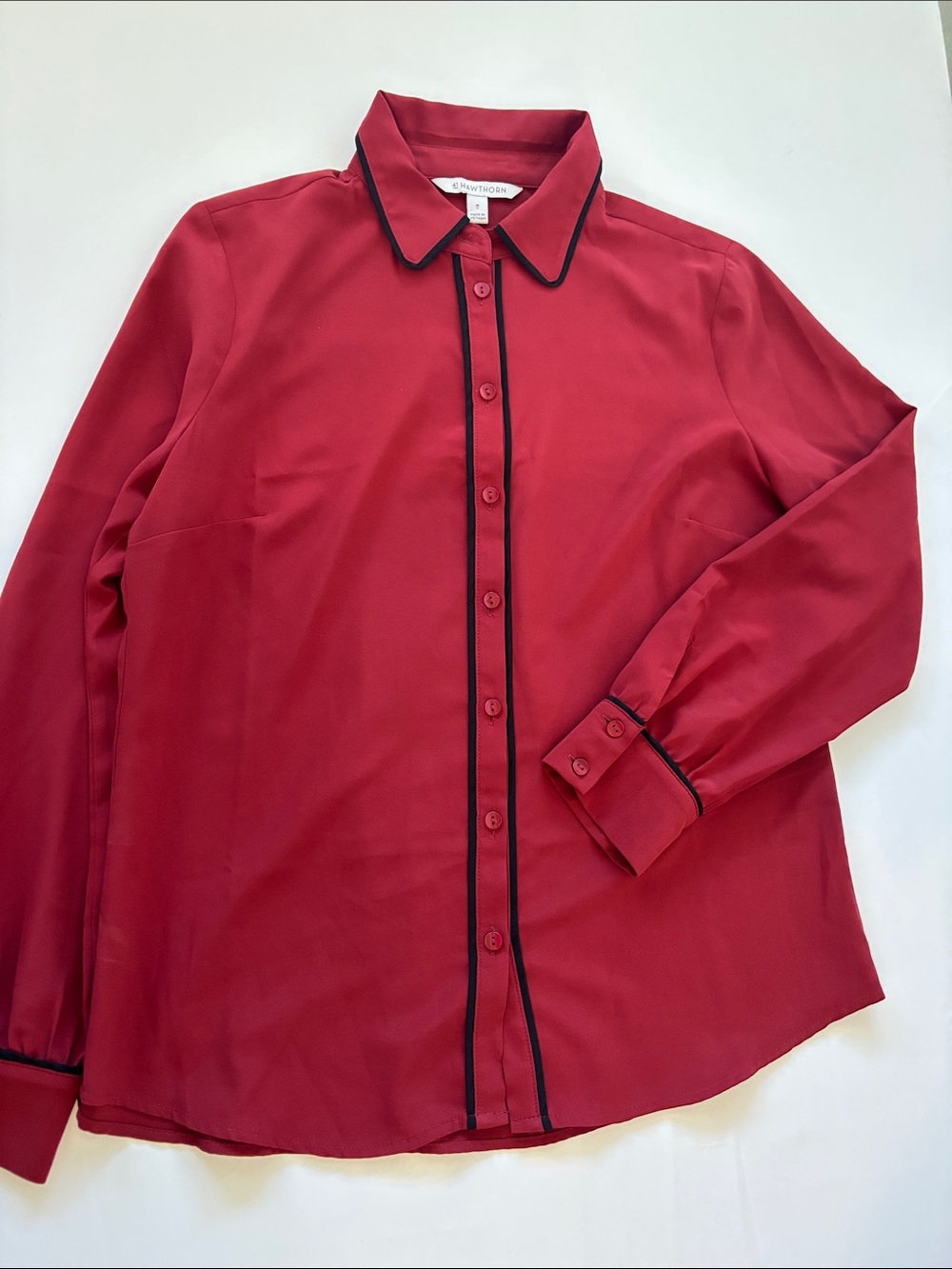 41 Hawthorn Wine Button-Down Blouse with Black Piping -433sku
